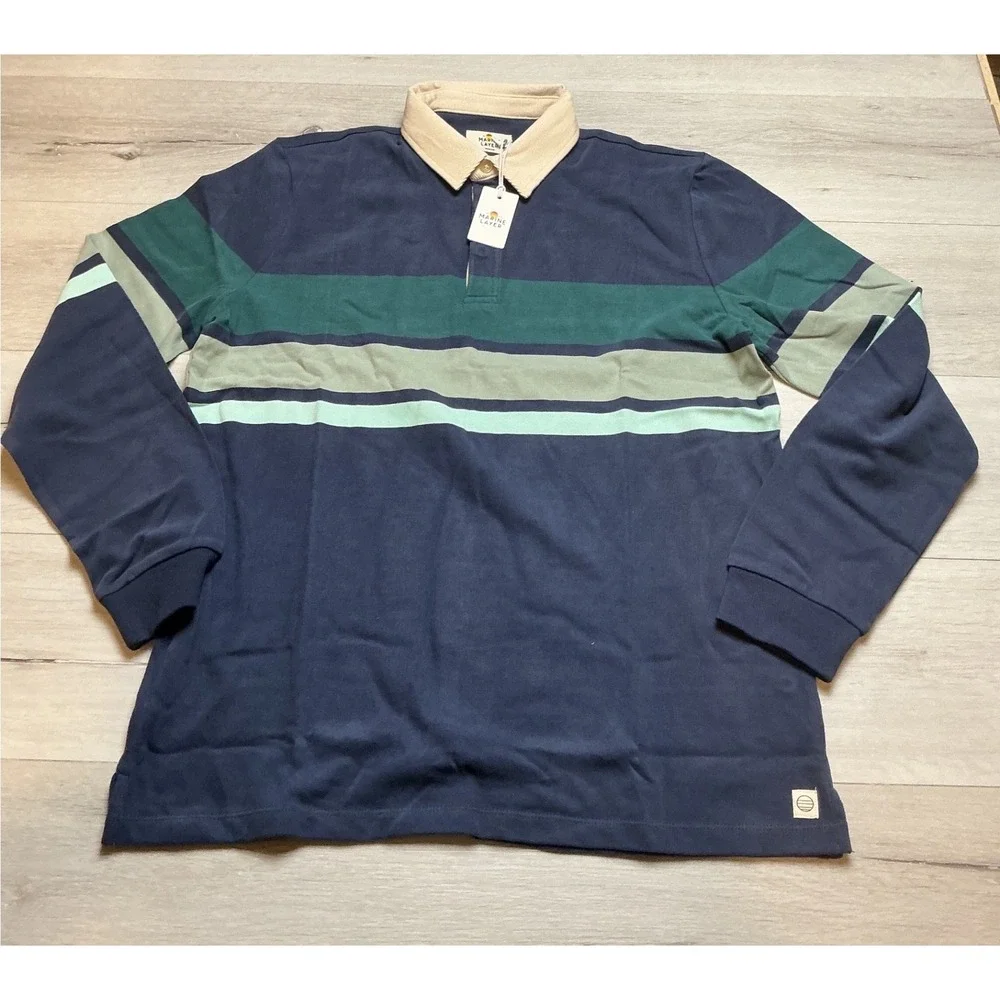 Marine Layer Sueded Rugby Polo Navy Green Stripe Medium‎ New With Tags